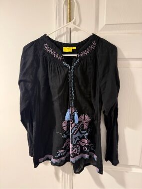 Roller Rabbit Black Embroidered Peasant Blouse with Blue & Pink Tassels